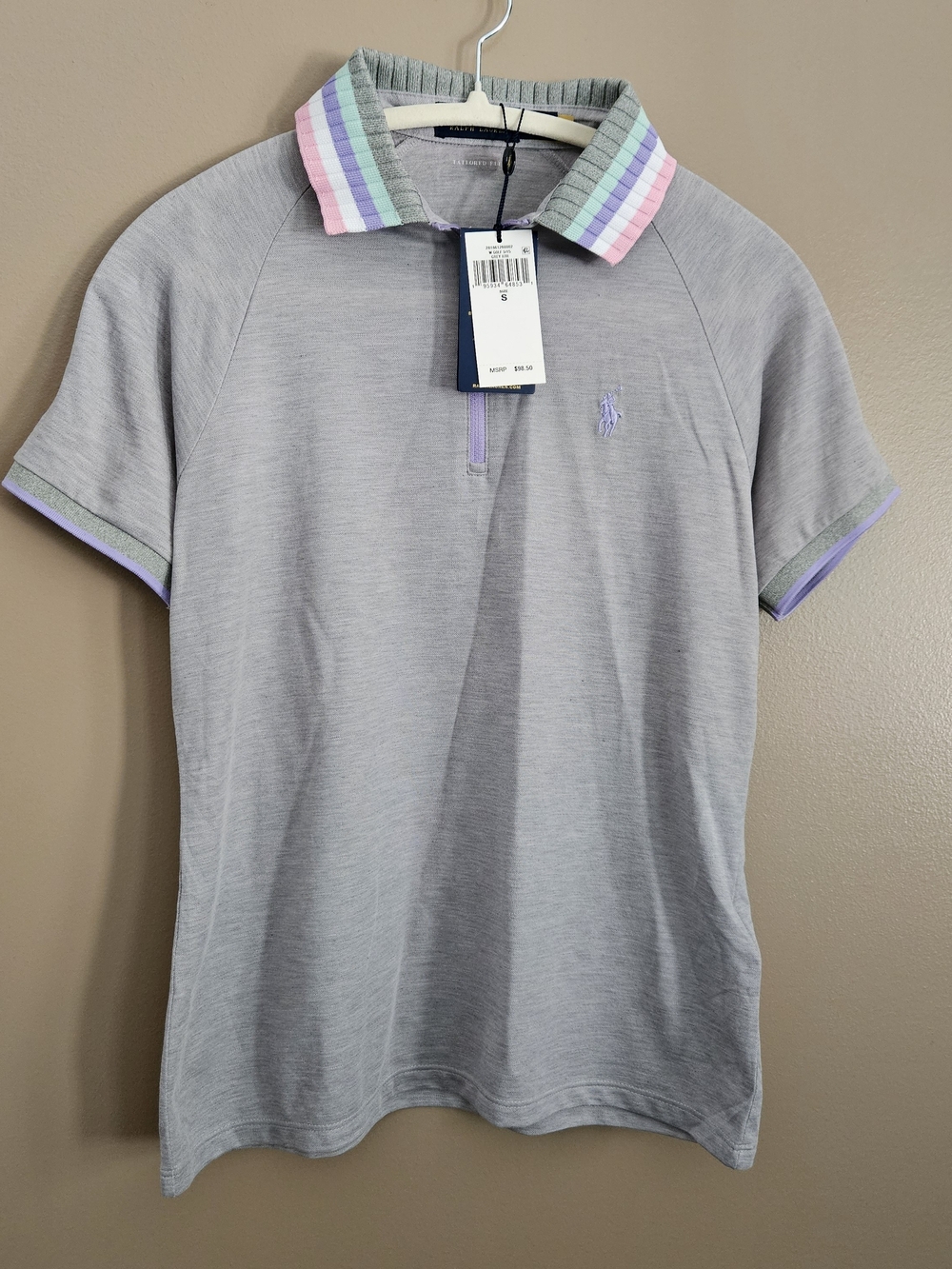 Polo by Ralph Lauren Womens Gray Short-Sleeve Polo with Pastel Trim SIZE S